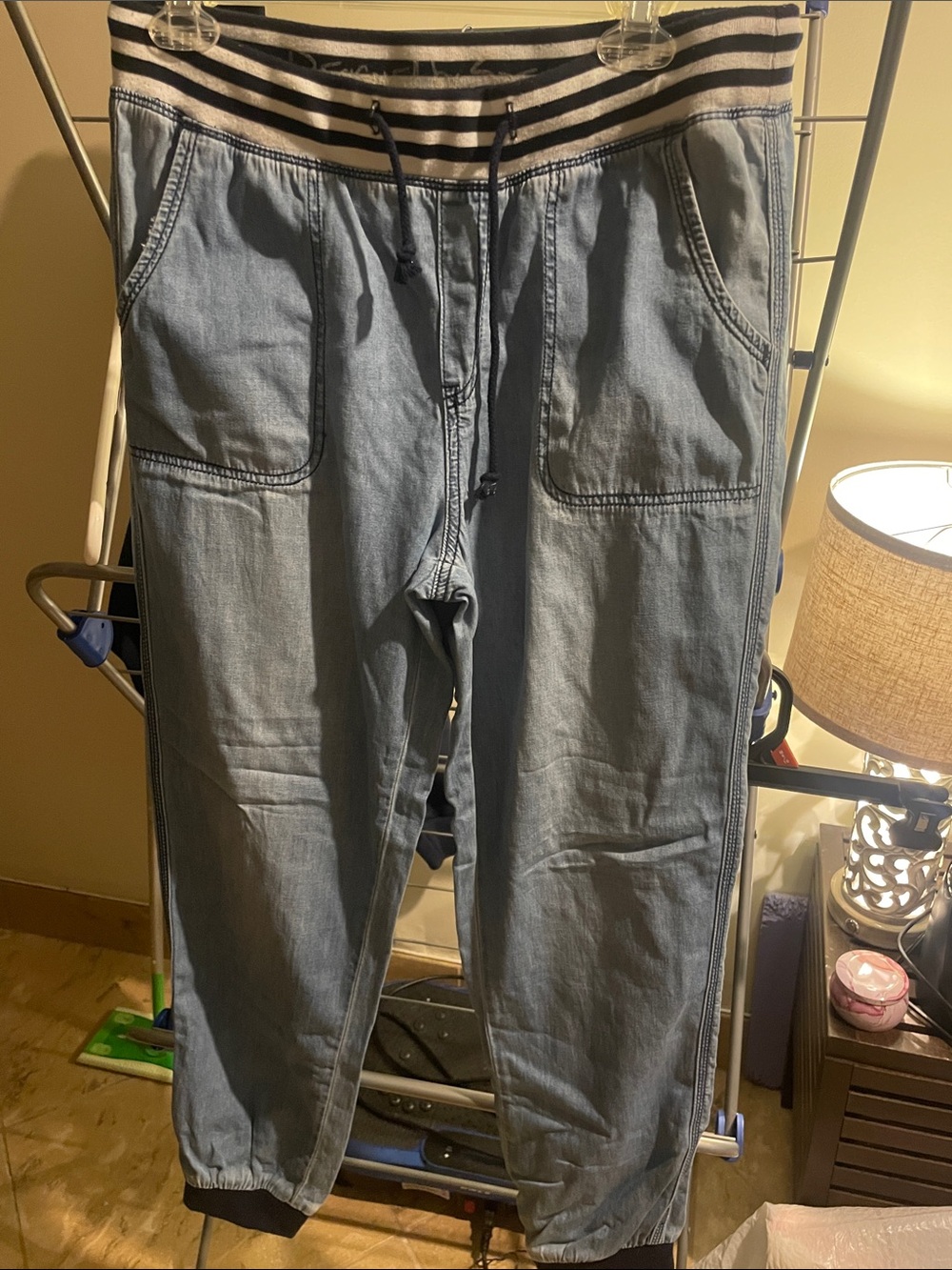 Casual Light Wash Denim Joggers with Striped Elastic Waistband